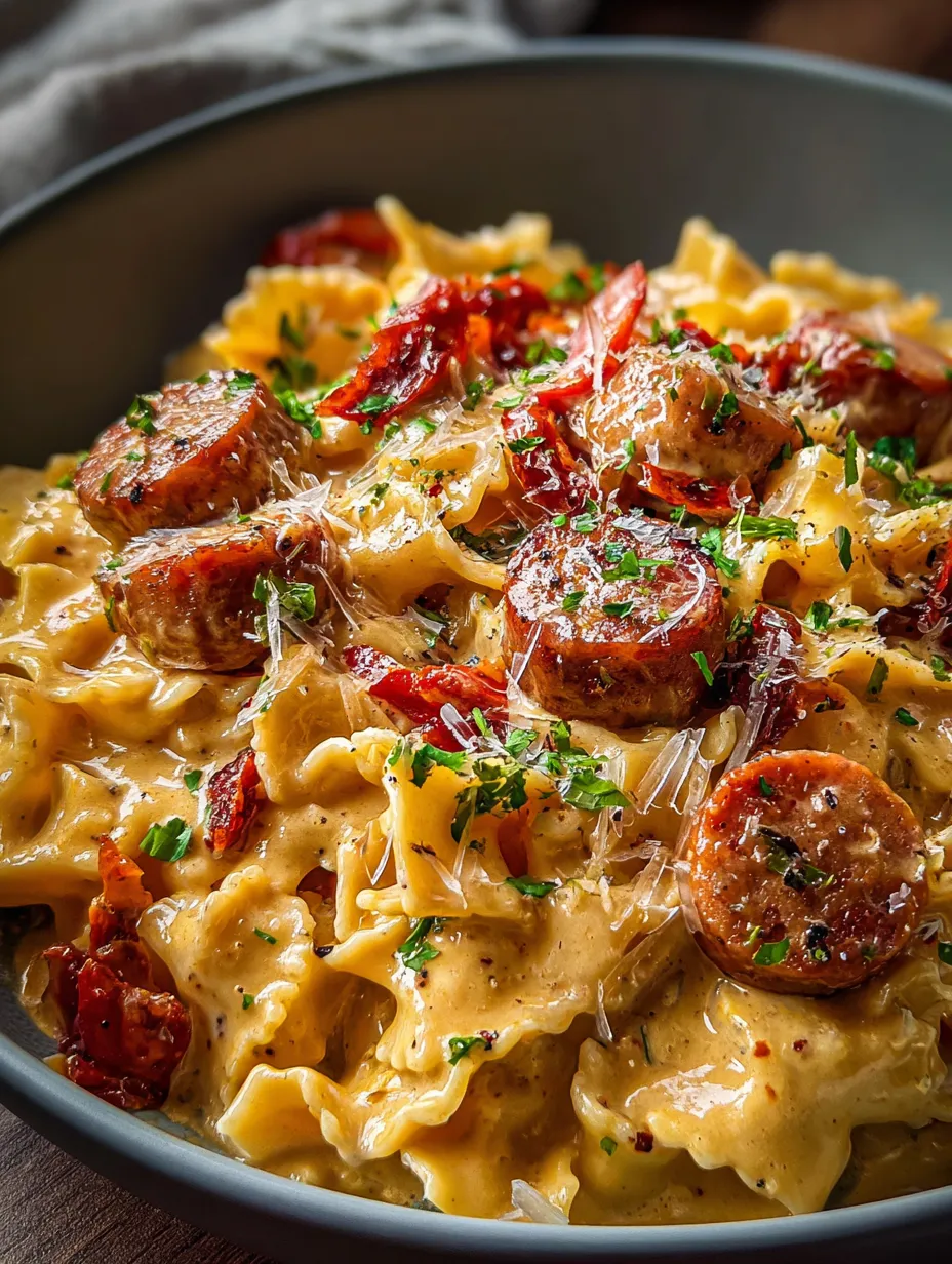 Eine Schüssel Pasta mit Wurst und Tomaten.