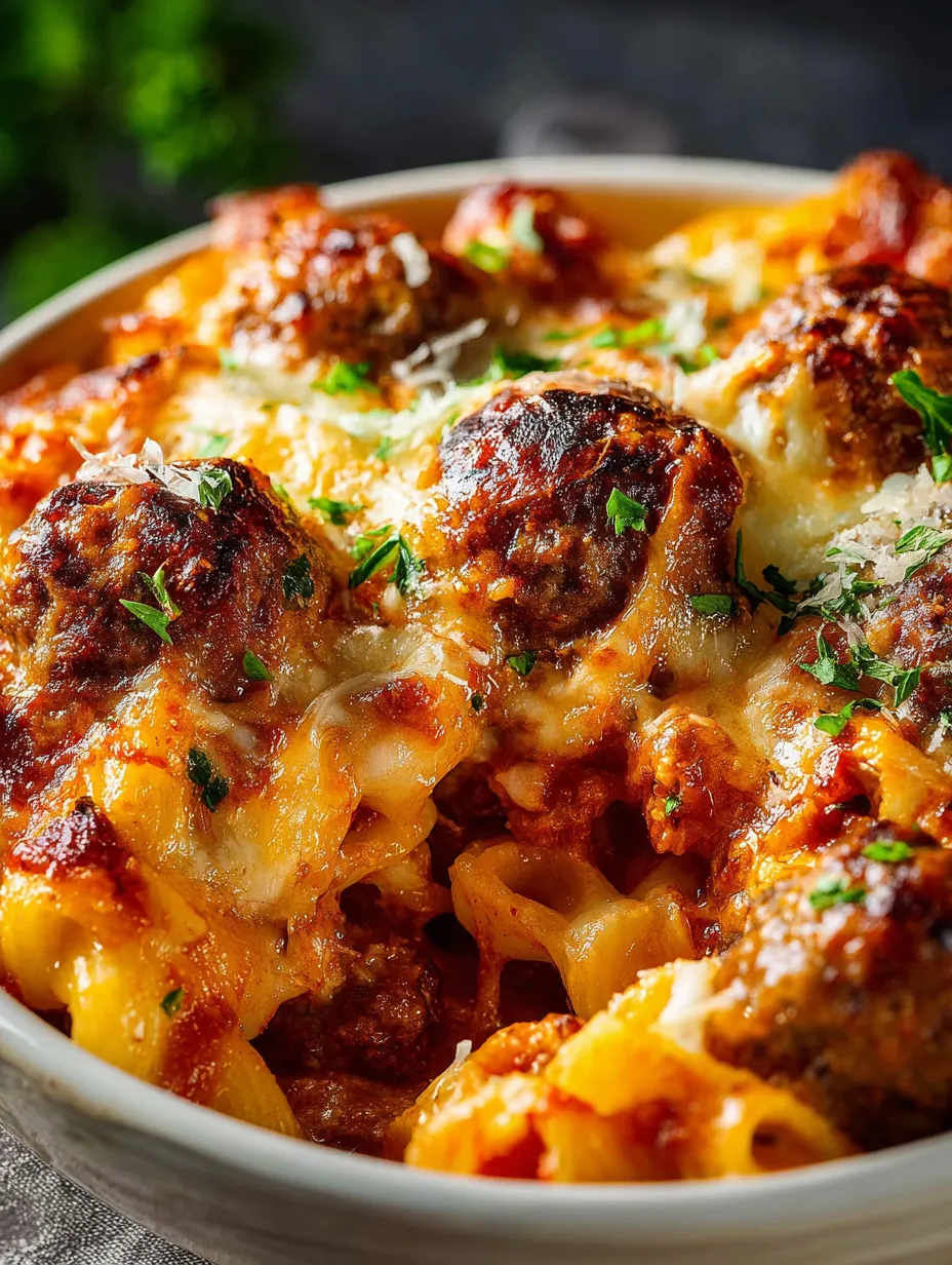 Eine Schüssel Pasta mit Meatballs und Käse.