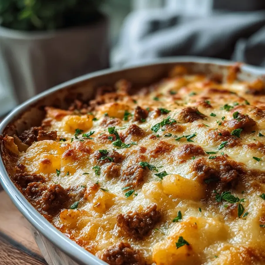Eine Schüssel mit Auflauf und Löffel.