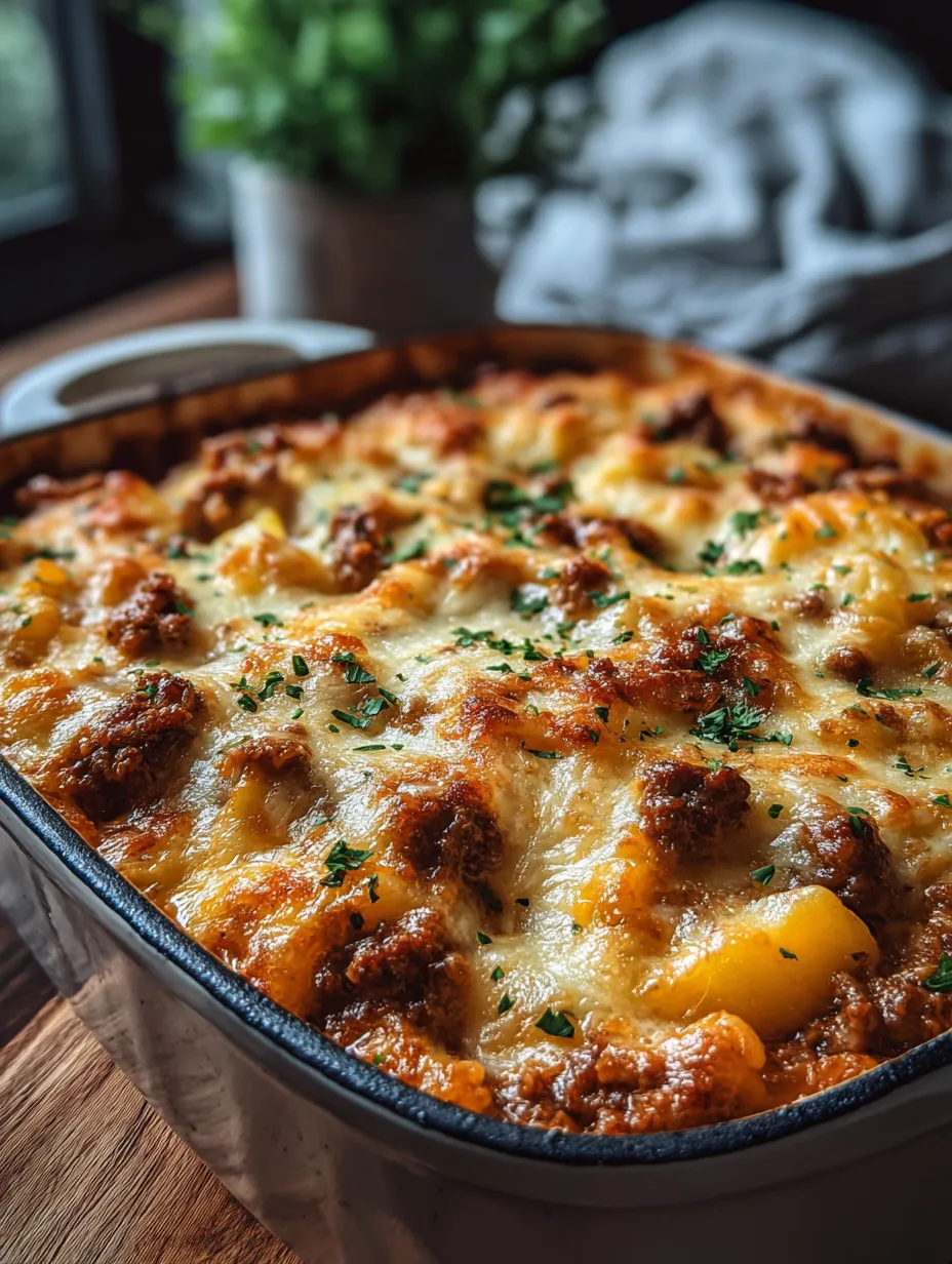 Eine Auflaufform voll mit Fleisch und Käse.