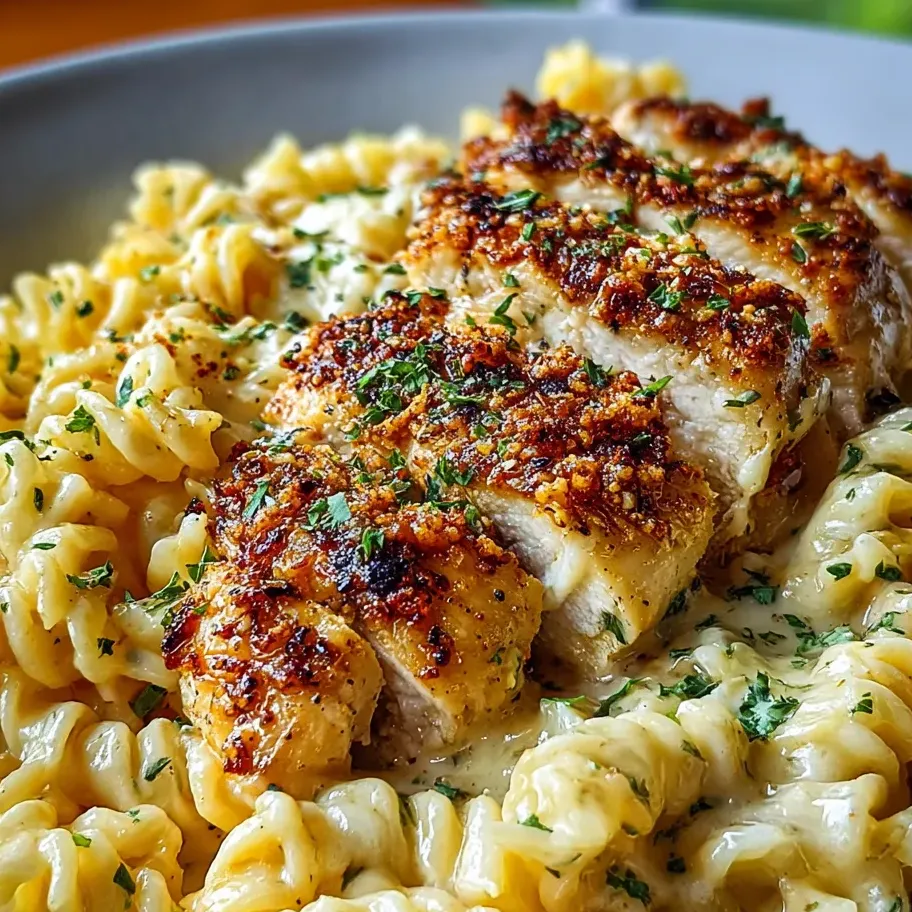Ein Teller Pasta mit Huhn obenauf.