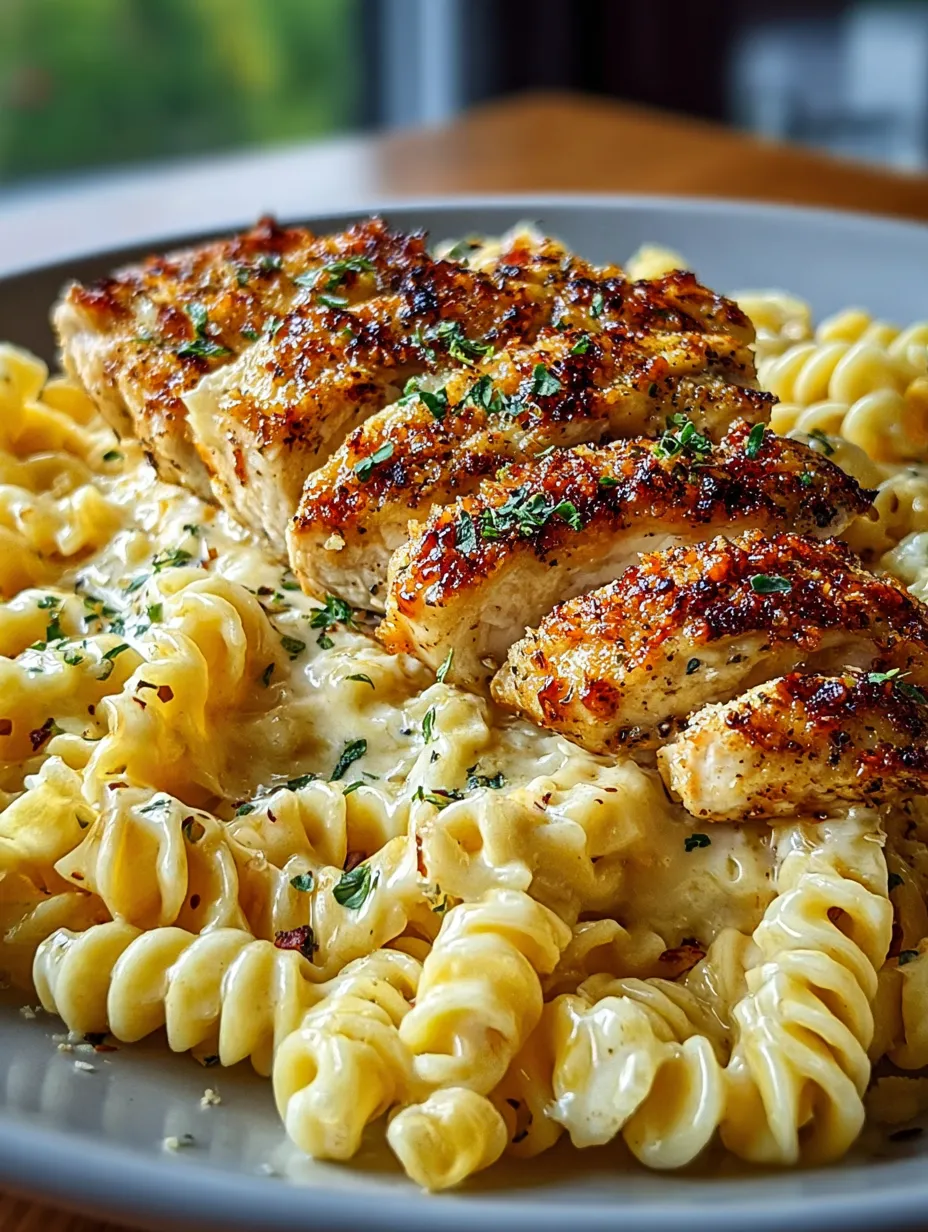 Ein Teller mit Hähnchen und Pasta.