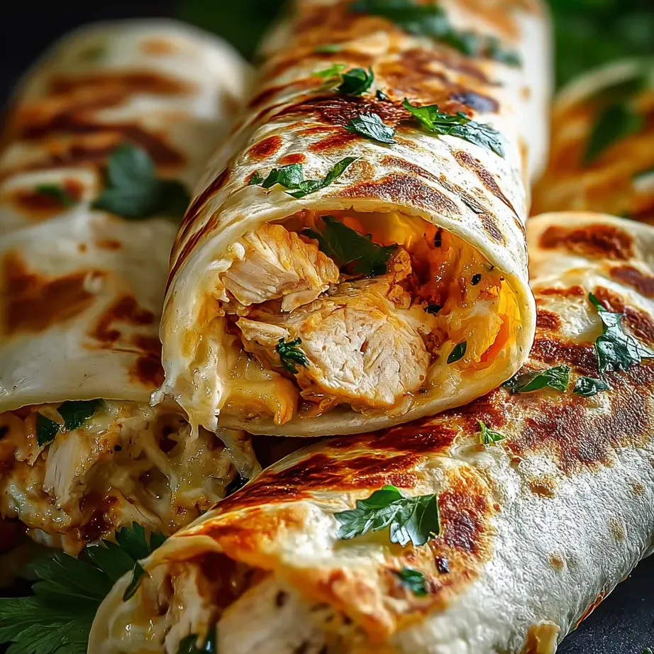 Ein Burrito mit Hähnchen und geschmolzenem Käse.