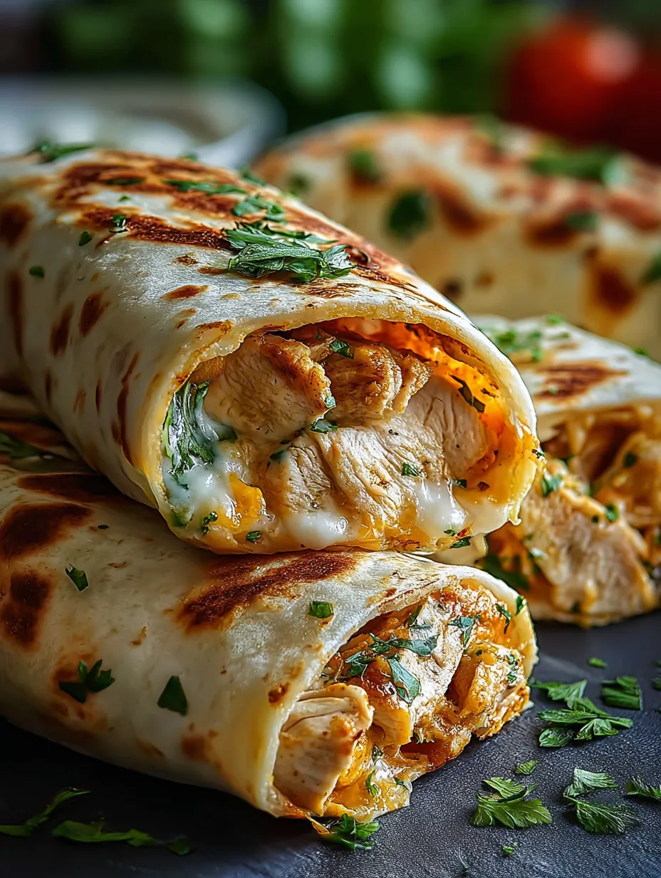 Ein Chicken-Wrap mit Käse und Frühlingszwiebeln.