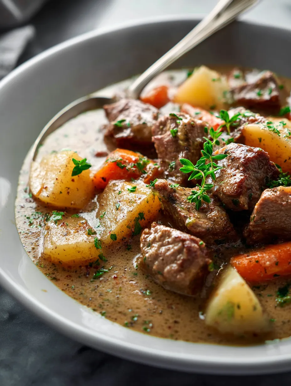 Eine Schüssel Eintopf mit Fleisch und Gemüse.