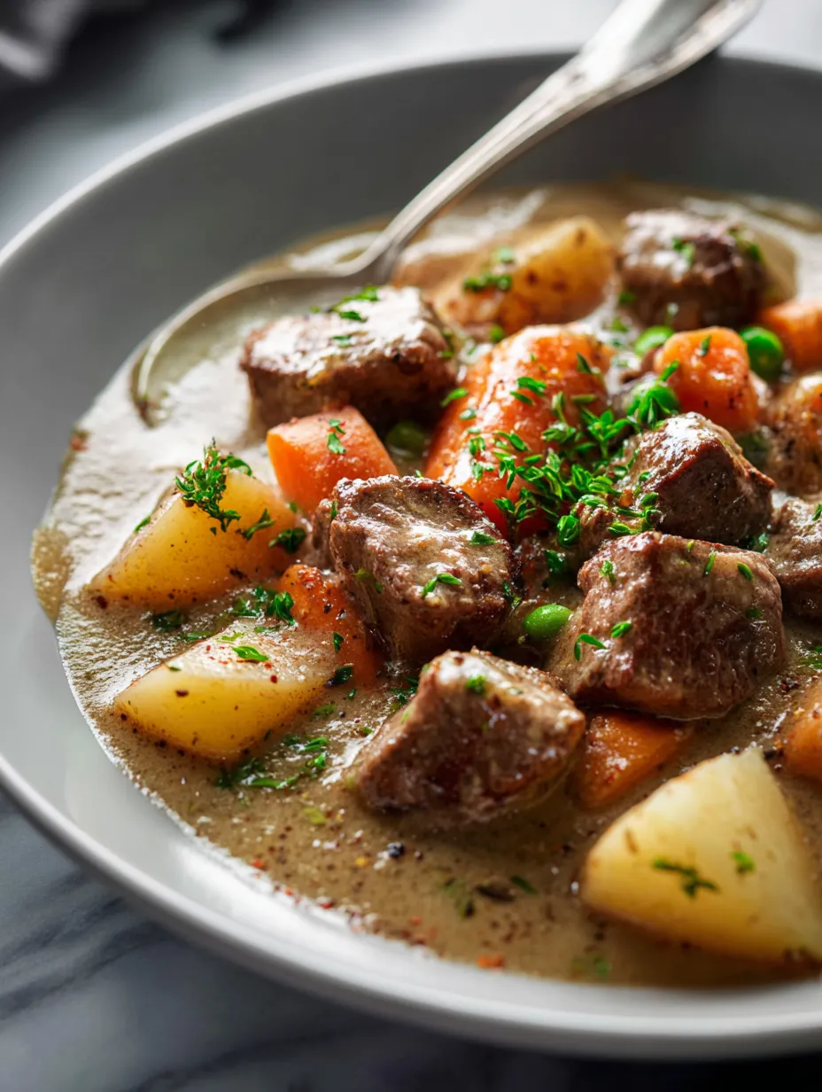 Eine Schüssel Eintopf mit Fleisch und Gemüse.