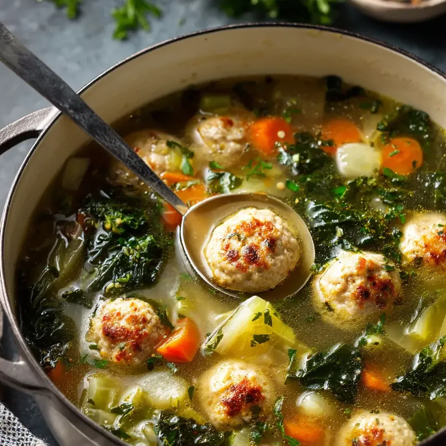 Eine Schüssel Suppe mit Bällchen und Gemüse.