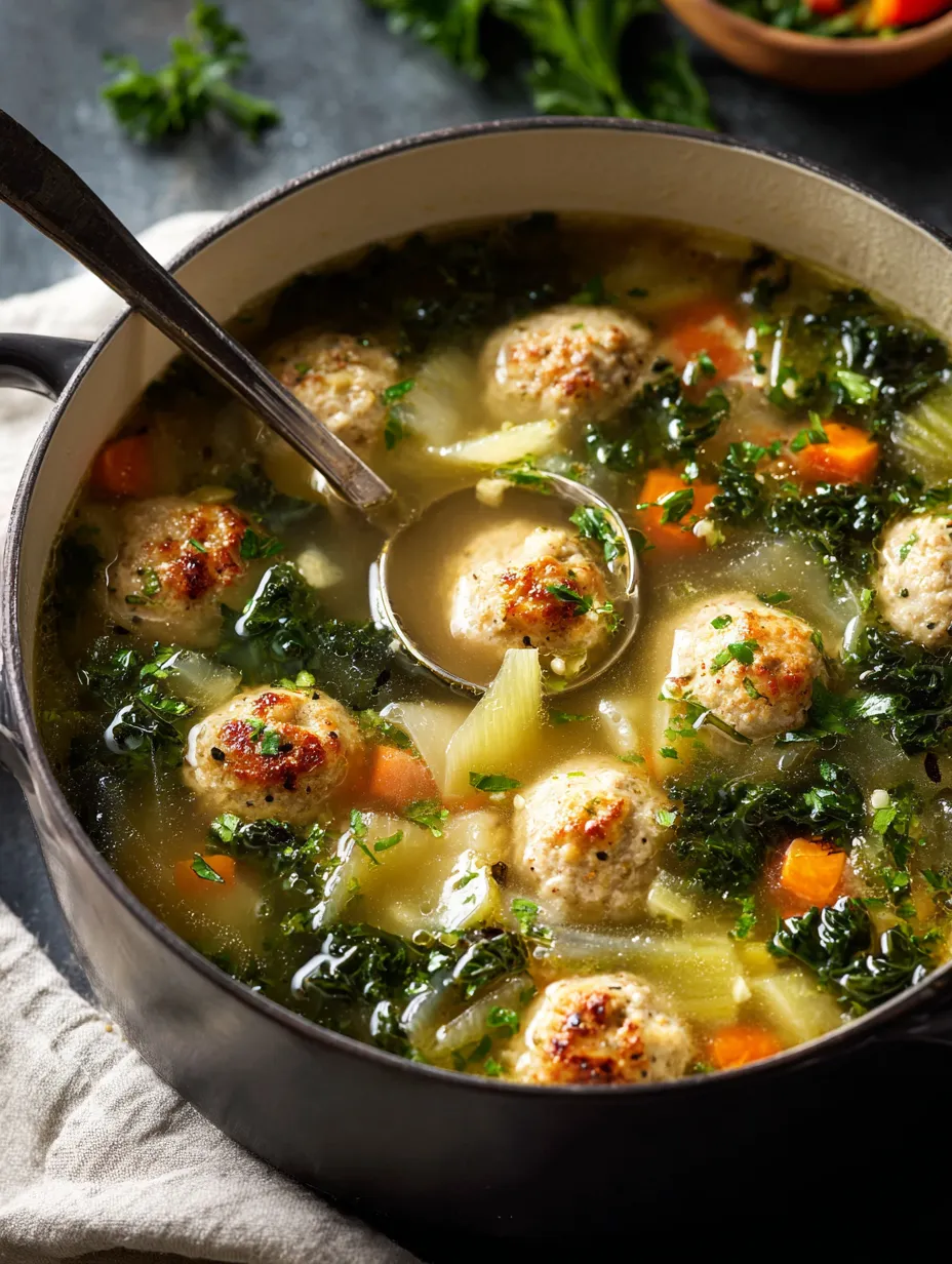 Eine Schüssel Suppe mit Fleischbällchen und Gemüse.