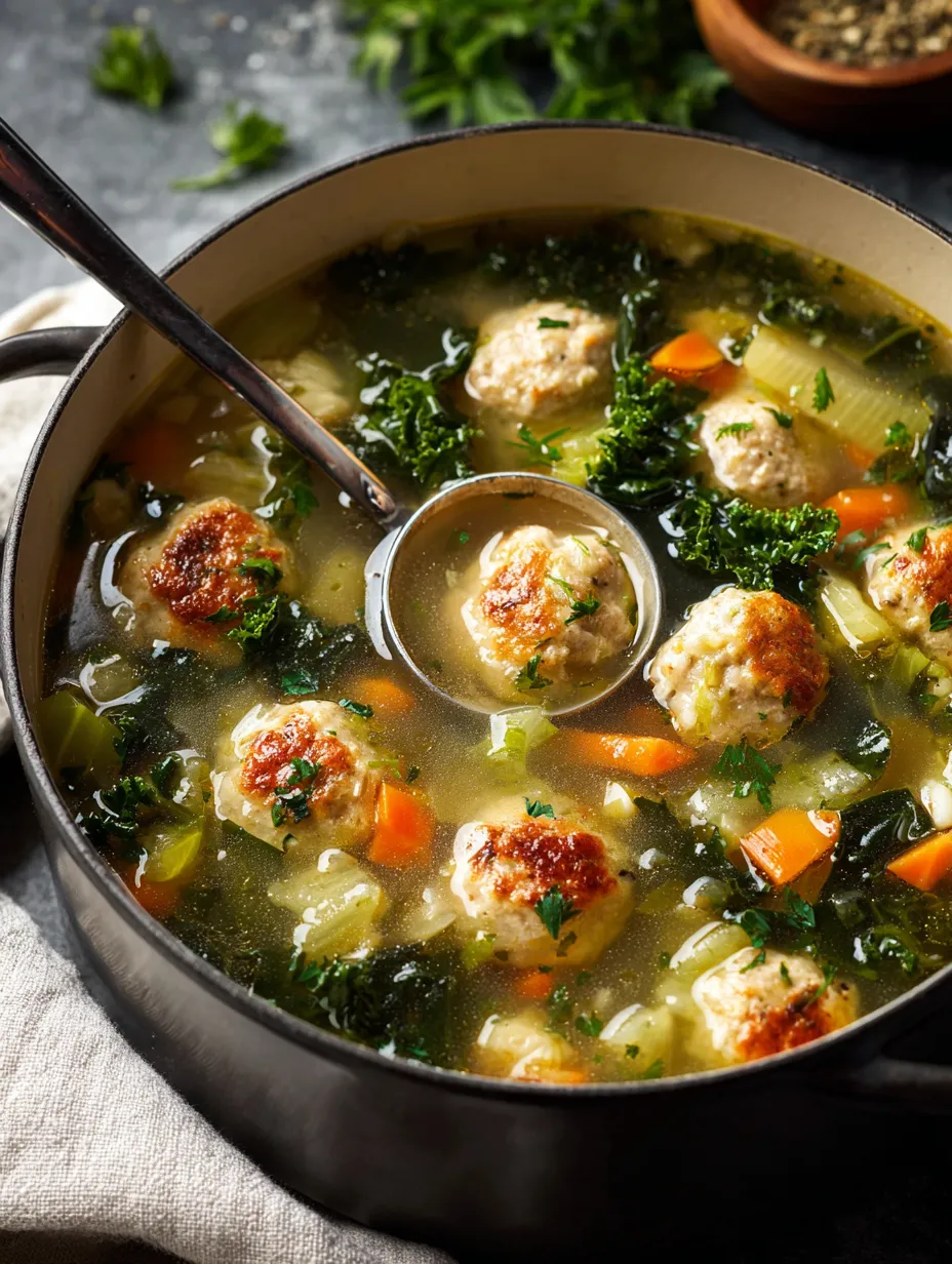 Eine Schüssel Suppe mit Fleischbällchen und Gemüse.