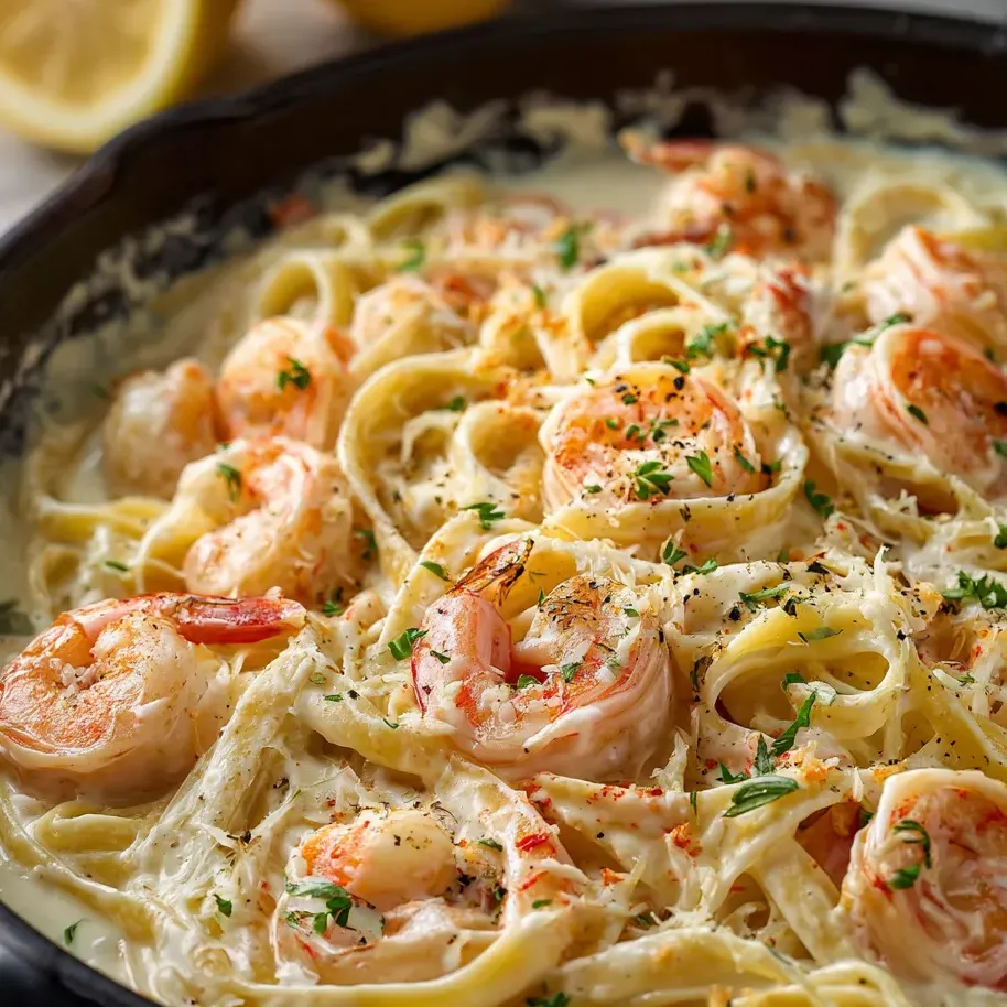 Eine Schüssel Pasta mit Garnelen und Käse.