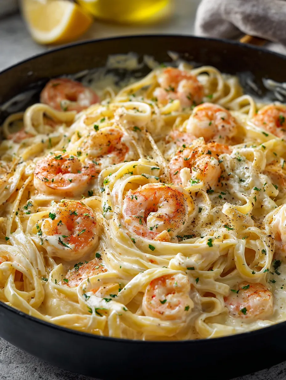 Eine Schale Garnelen mit Pasta.