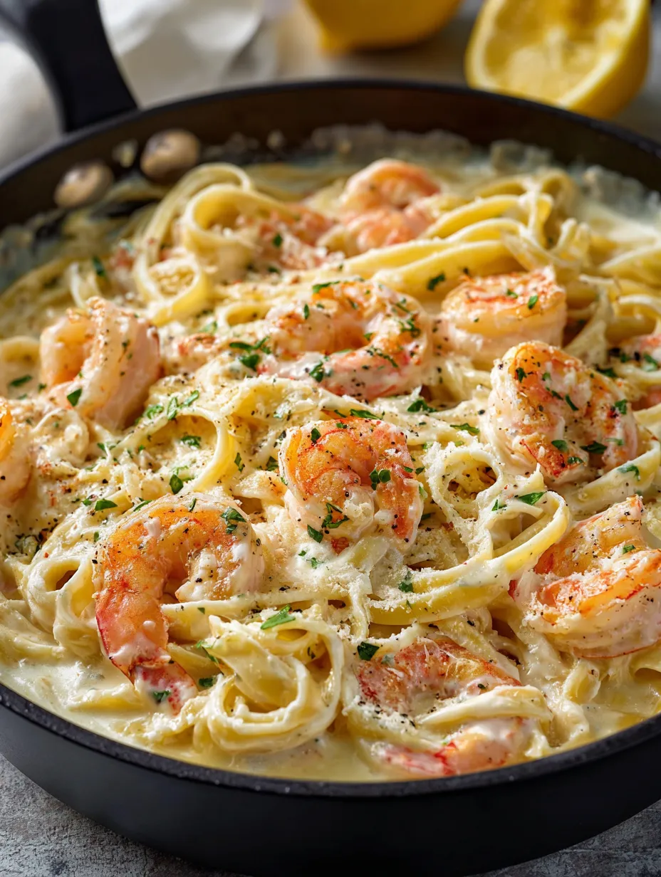 Eine Schale Garnelen mit Pasta.