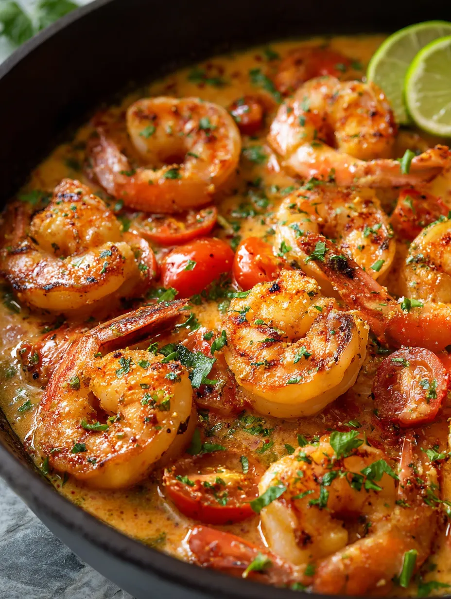 Eine Schüssel Garnelen mit Tomaten und Limetten.