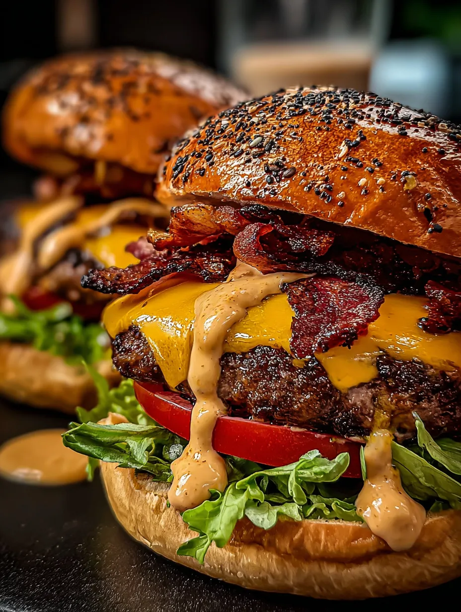 Ein saftiger Burger mit Bacon und Käse ganz nah aufgenommen.