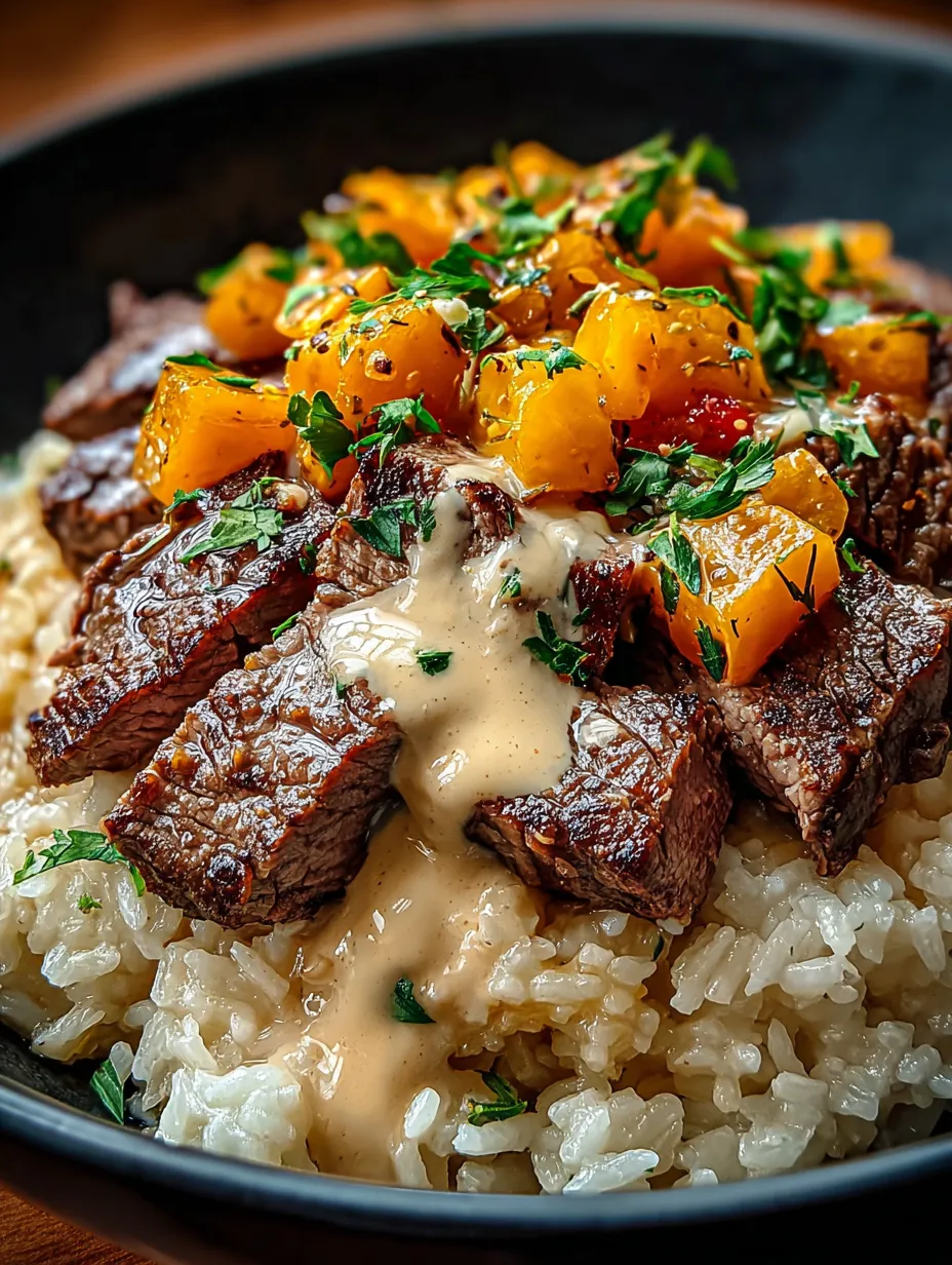Eine Schüssel mit Reis, Fleisch und Sauce.