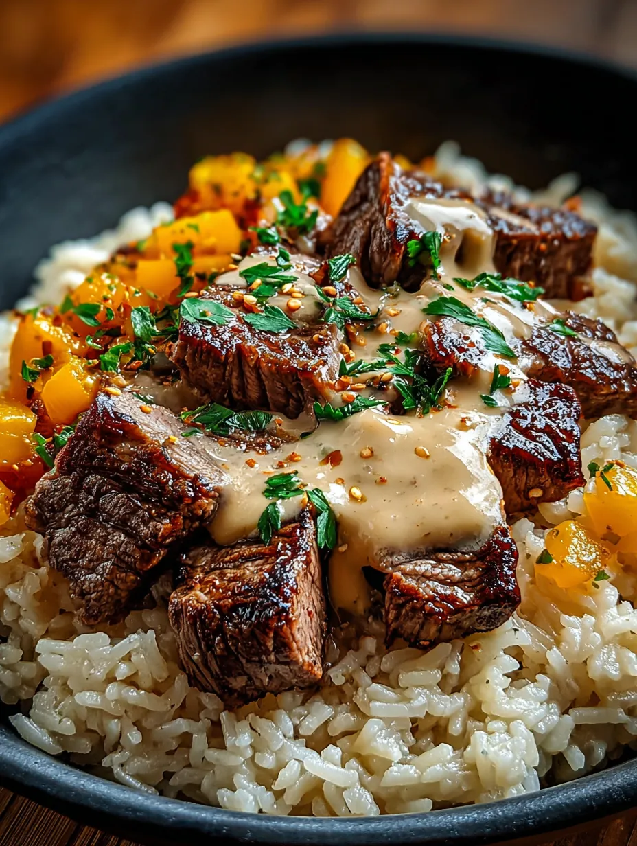Ein Teller mit Reis, Fleisch und Sauce.
