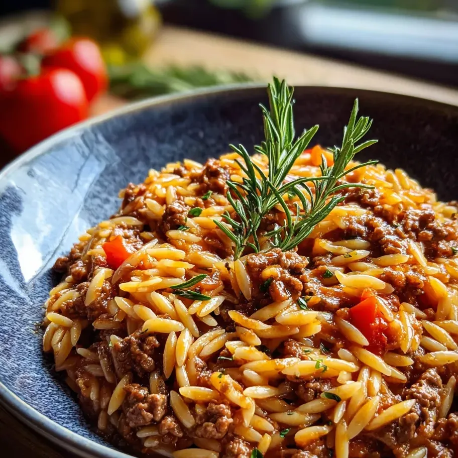Eine Schale Pasta mit Fleisch und Tomaten.