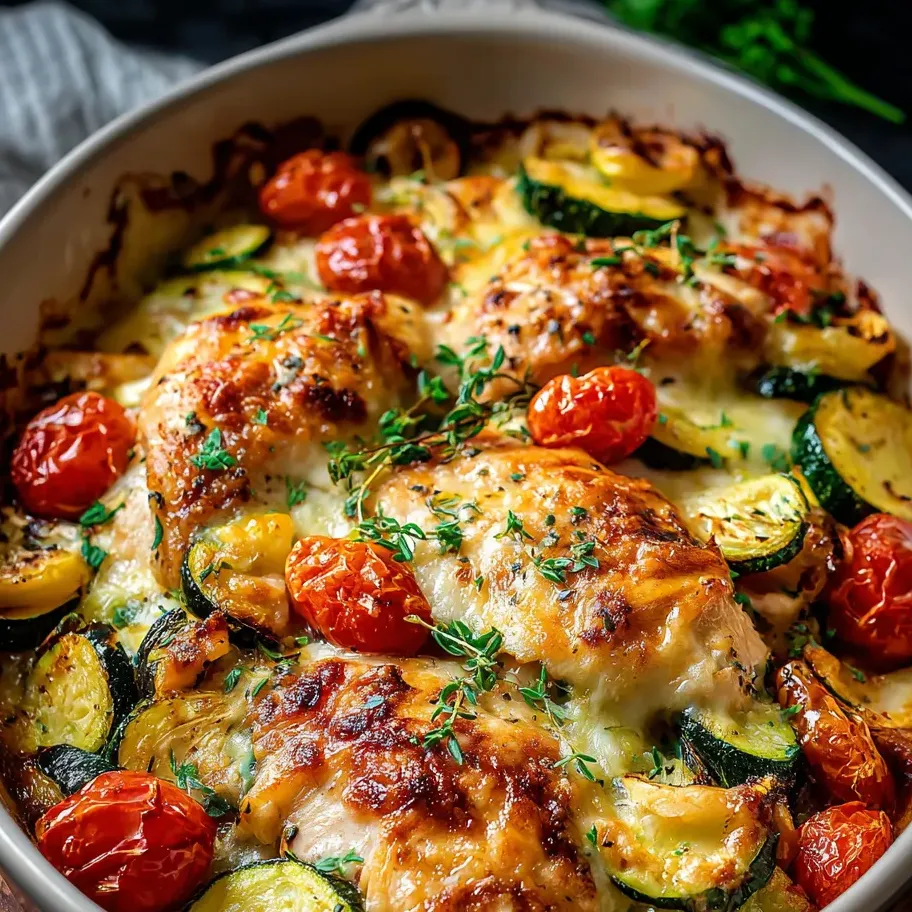 Schale mit Tomaten, Zucchini und zartem Hähnchenfleisch.