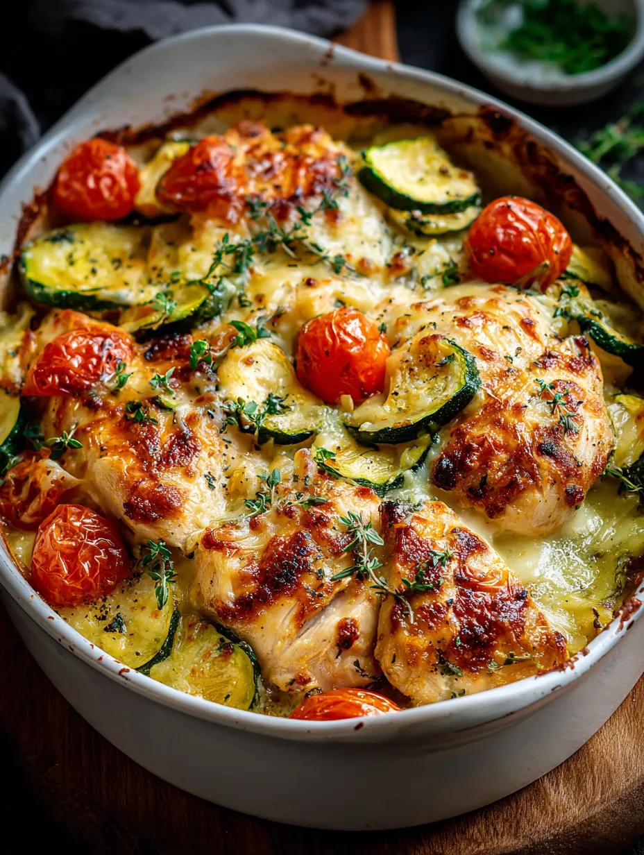 Ein Teller mit Hähnchen, Tomaten und Zucchini.