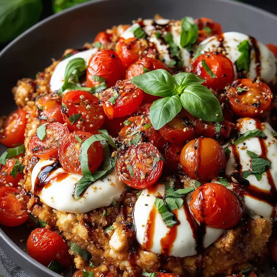 Schale mit Tomaten, Käse und Hähnchen.