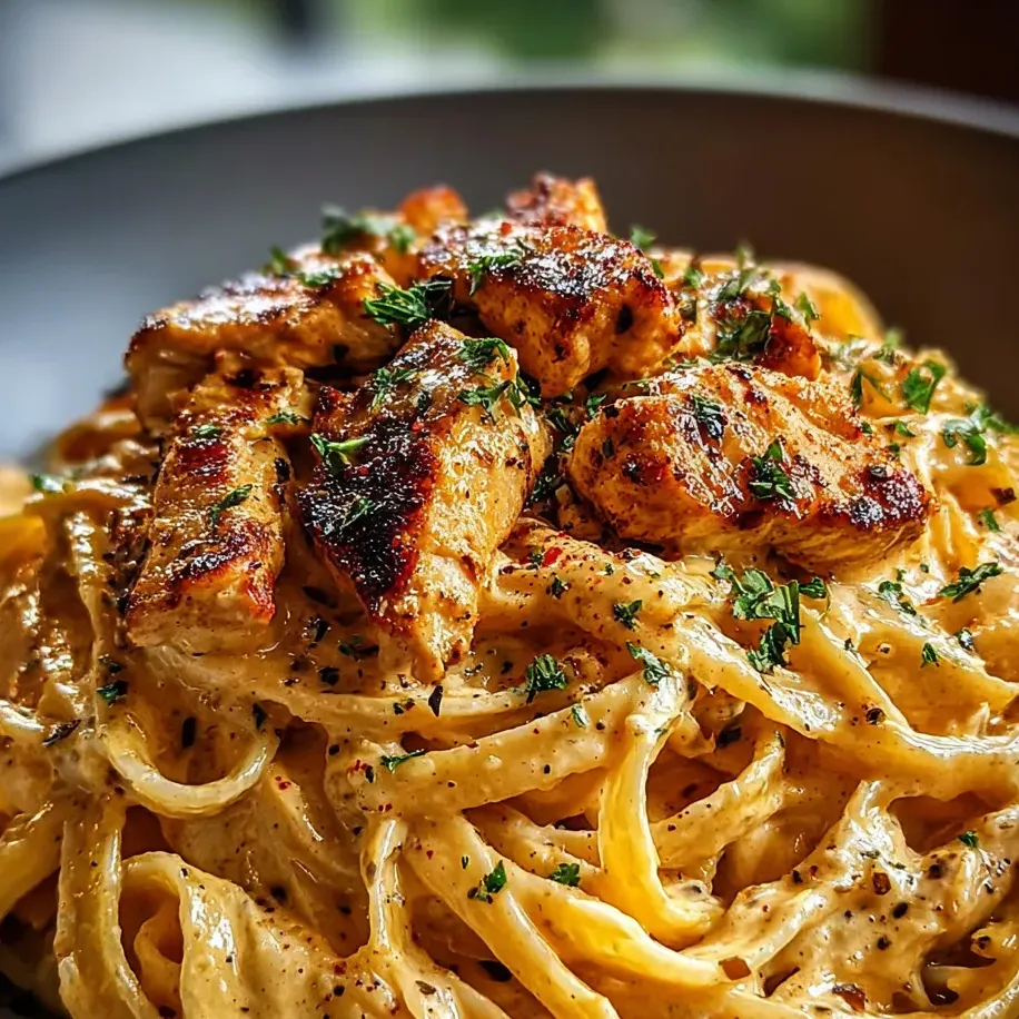 Eine Schüssel Pasta mit Hähnchen und Kräutern.