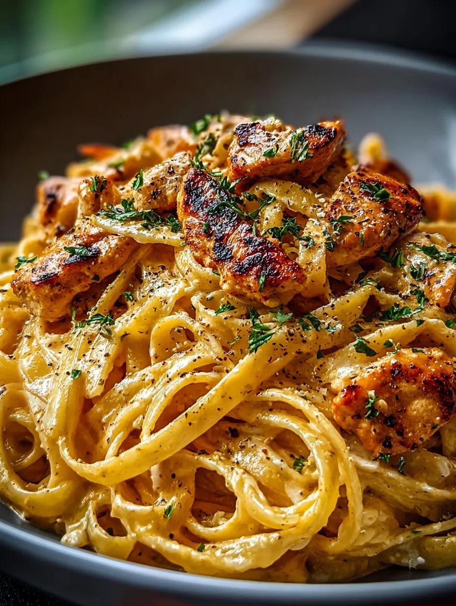 Eine Schale mit Pasta, Hähnchen und Kräutern.