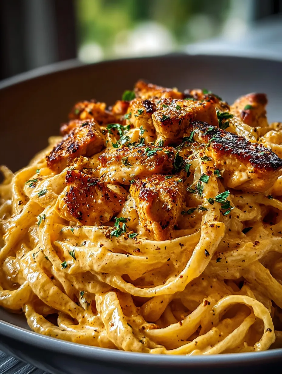 Eine Schale mit Pasta, Hähnchen und Kräutern.