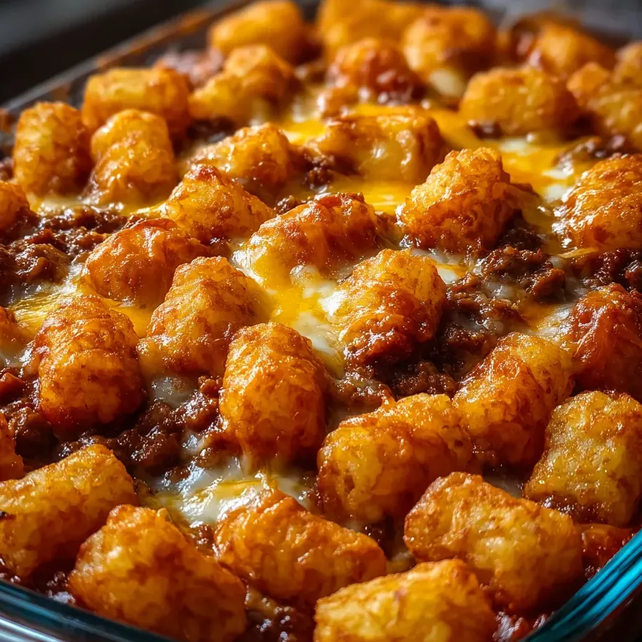 Ein Auflauf mit Tater Tots, Käse und Fleisch.
