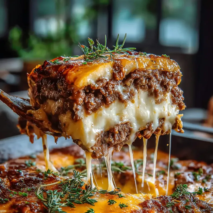 Ein Stück Auflauf mit Käse und Soße.