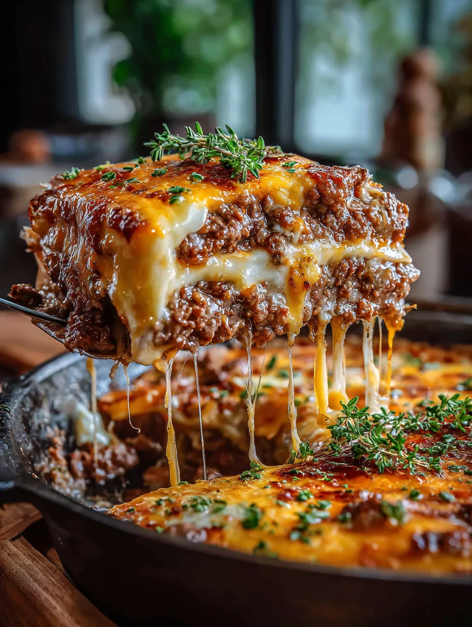 Nahaufnahme von einer käsig-fleischigen Auflaufschnitte.