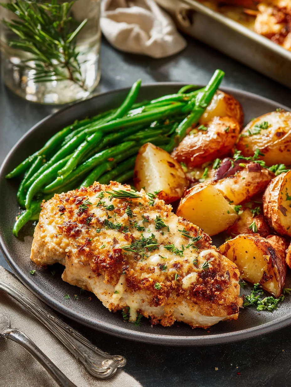 Teller mit Hähnchen, grünen Bohnen und Kartoffeln.
