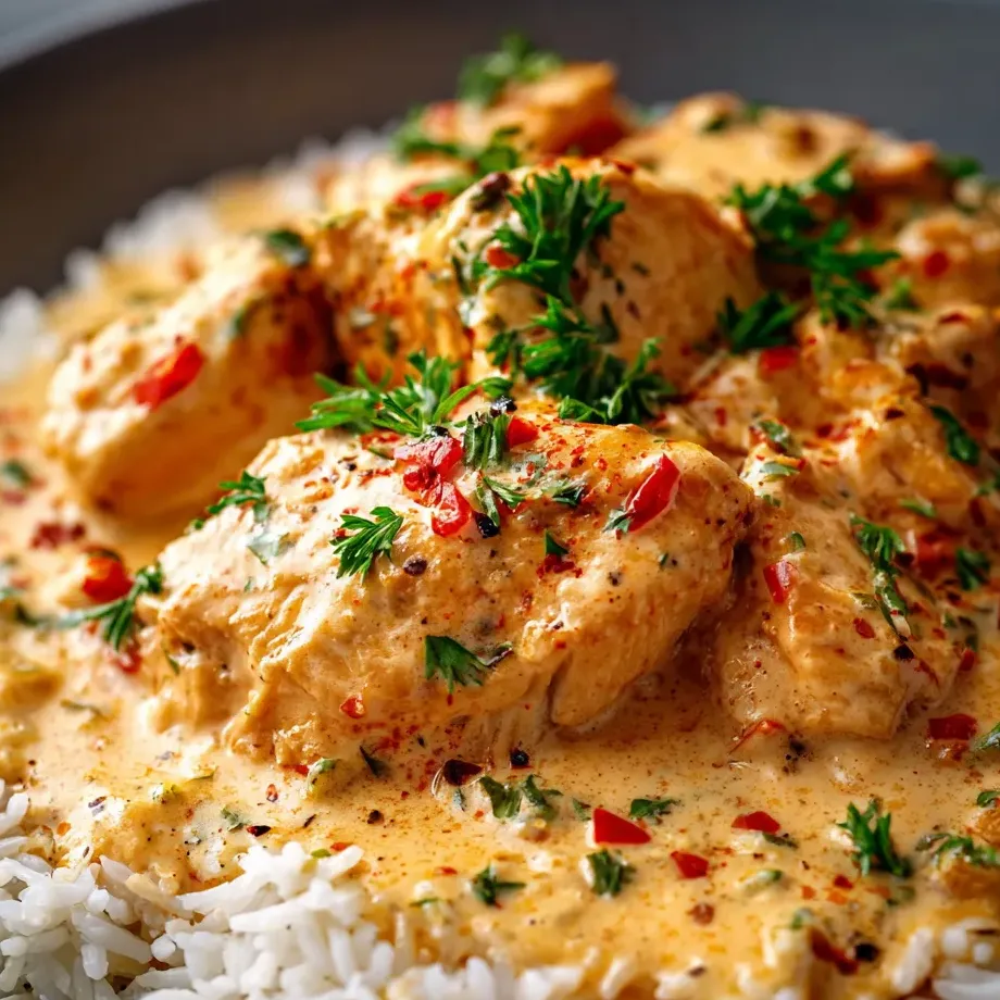 Ein Teller mit Reis, Fleisch und roten Paprika.