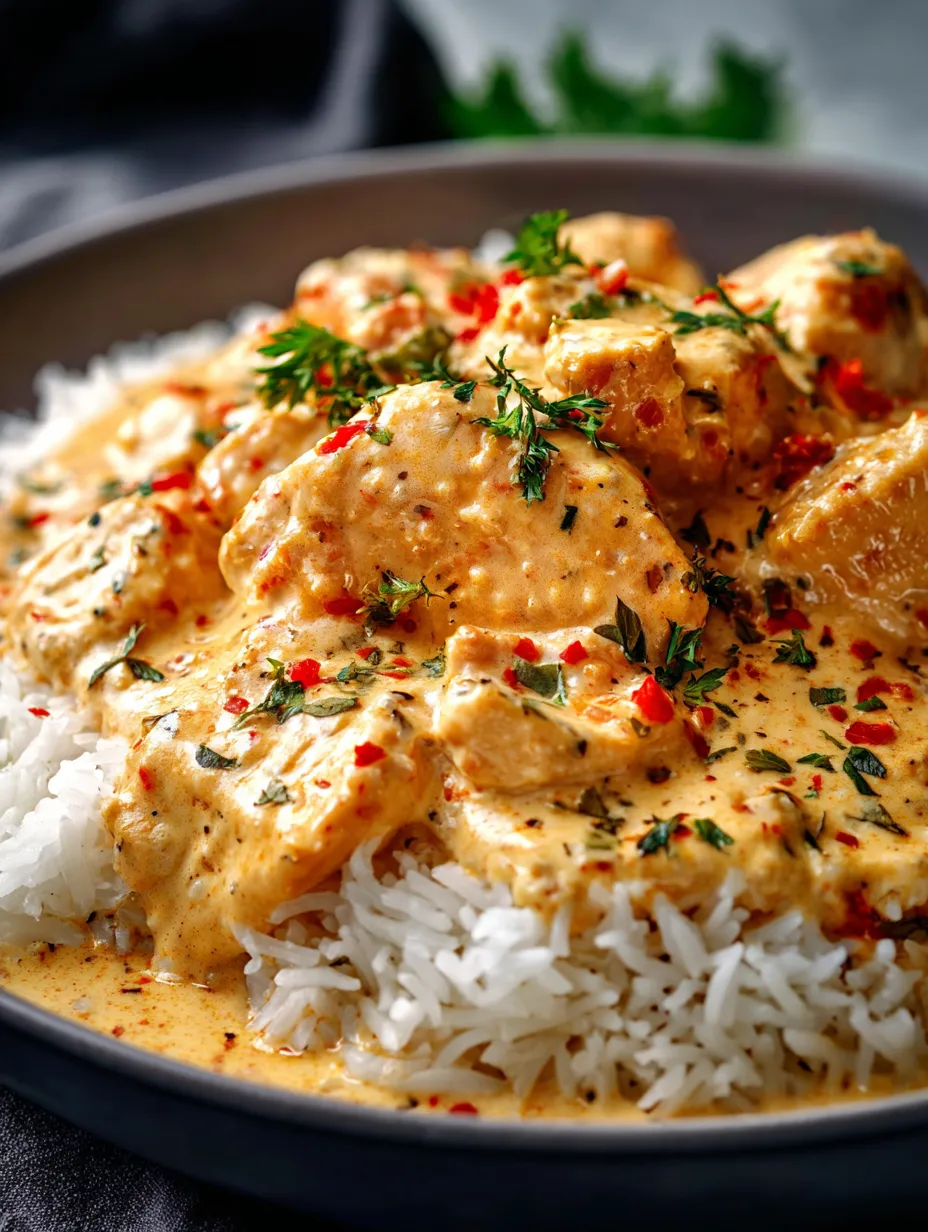 Schale mit Reis, Hähnchen und Soße.
