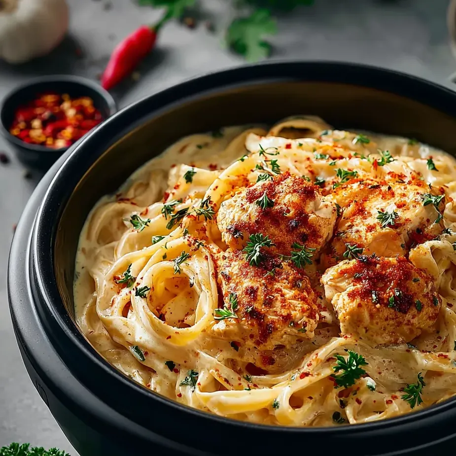 Eine Schüssel Pasta mit Hähnchen und Paprika.