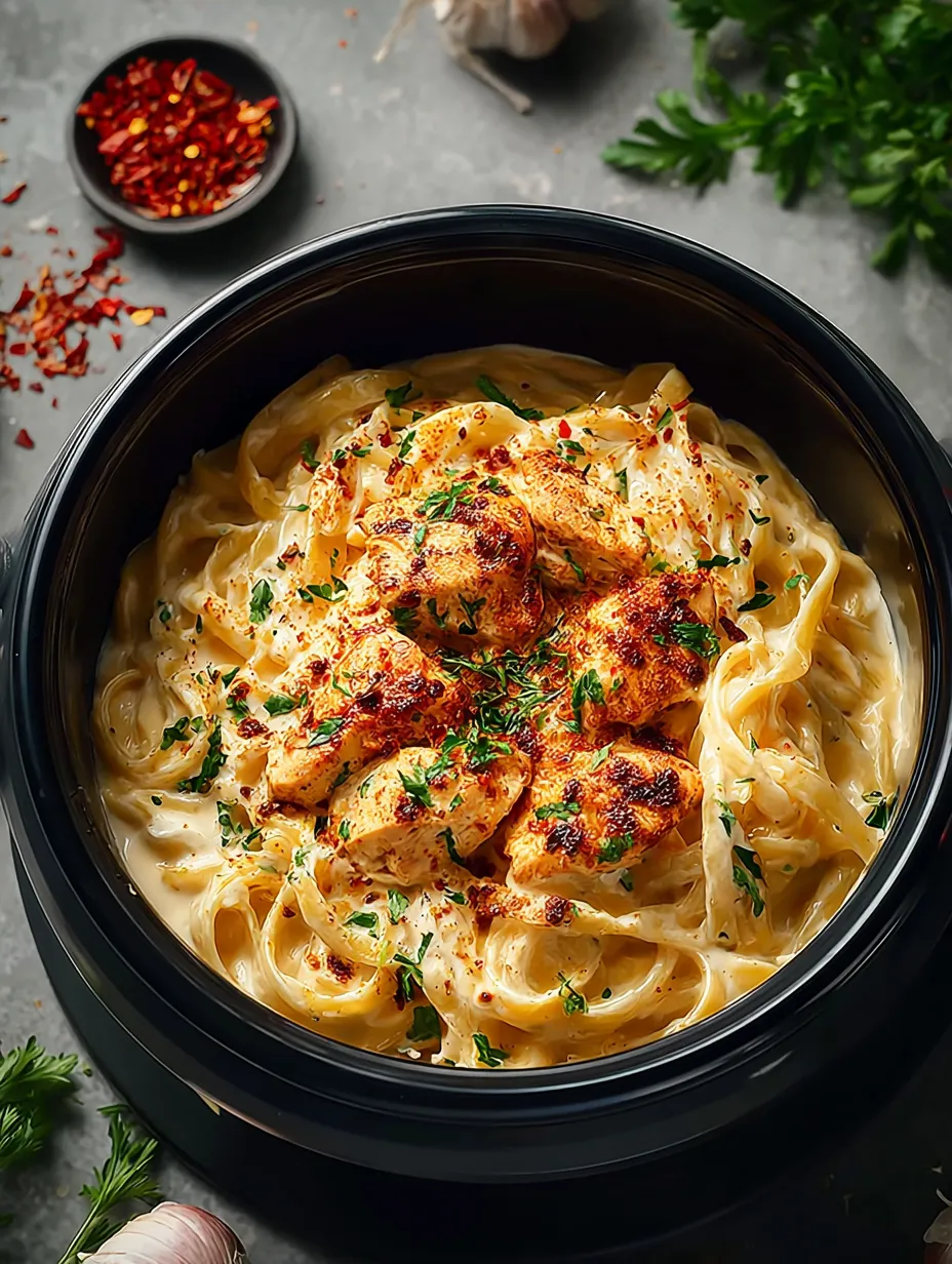 Eine Schale Pasta mit Hähnchen und Paprika.