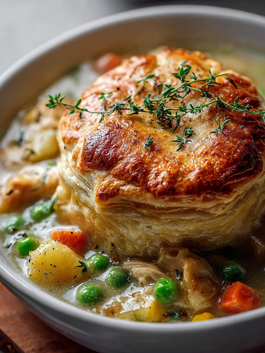 Eine Schüssel Suppe mit Gebäck oben drauf.