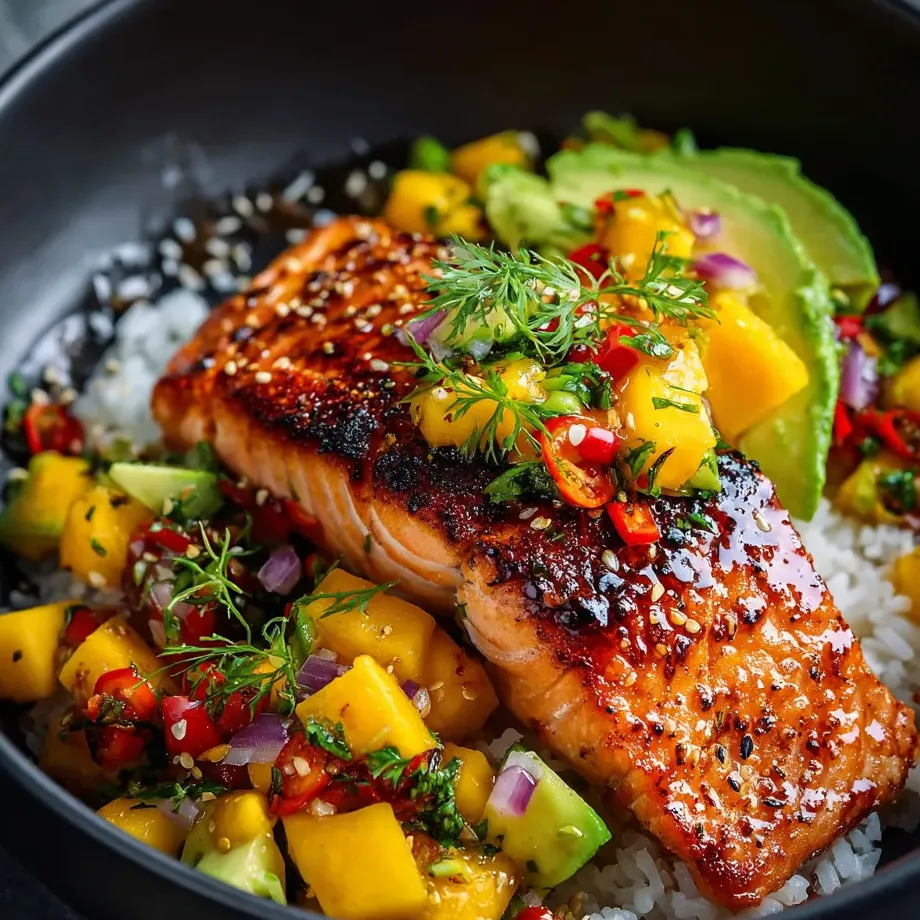 Eine Bowl mit Lachs und Reis.