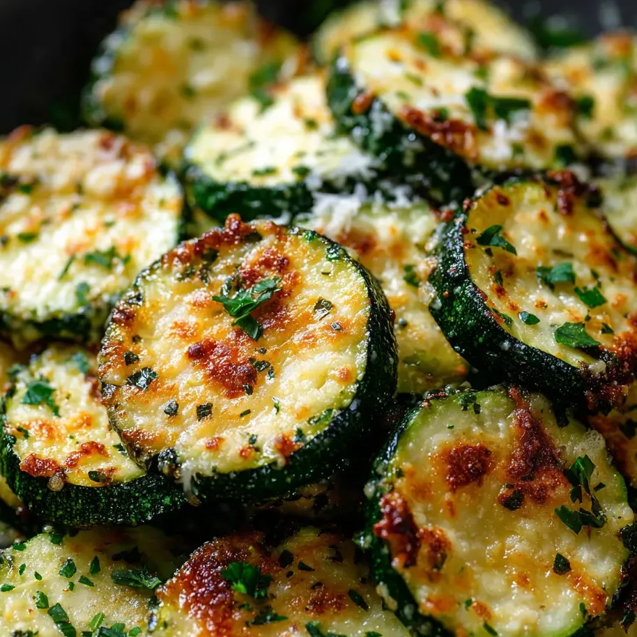 Ein Teller mit gebratener Zucchini, überbacken mit Käse und Kräutern.