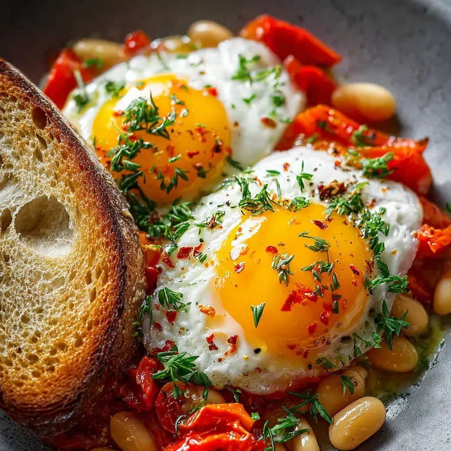 Ein Teller mit Eiern, Tomaten und Bohnen.