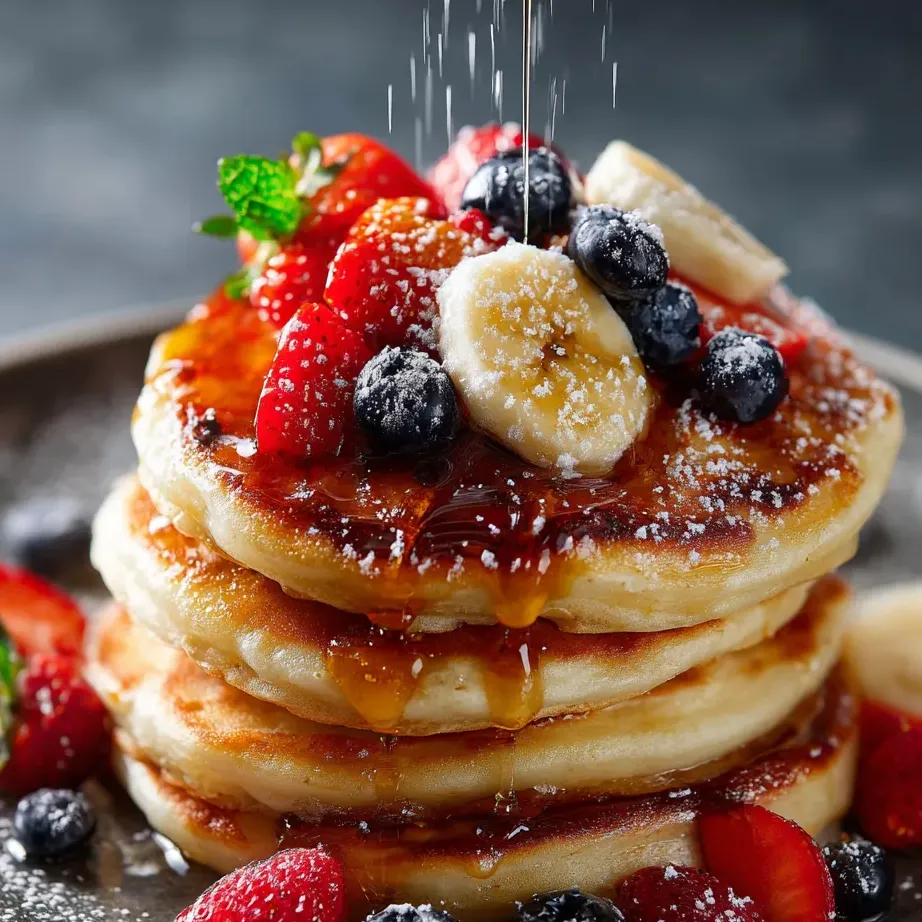 Ein Stapel Pfannkuchen mit Erdbeeren und Bananen oben drauf.