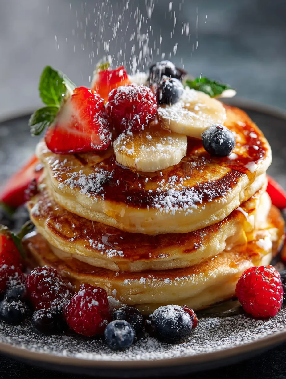 Ein Stapel Pancakes mit Früchten drauf.