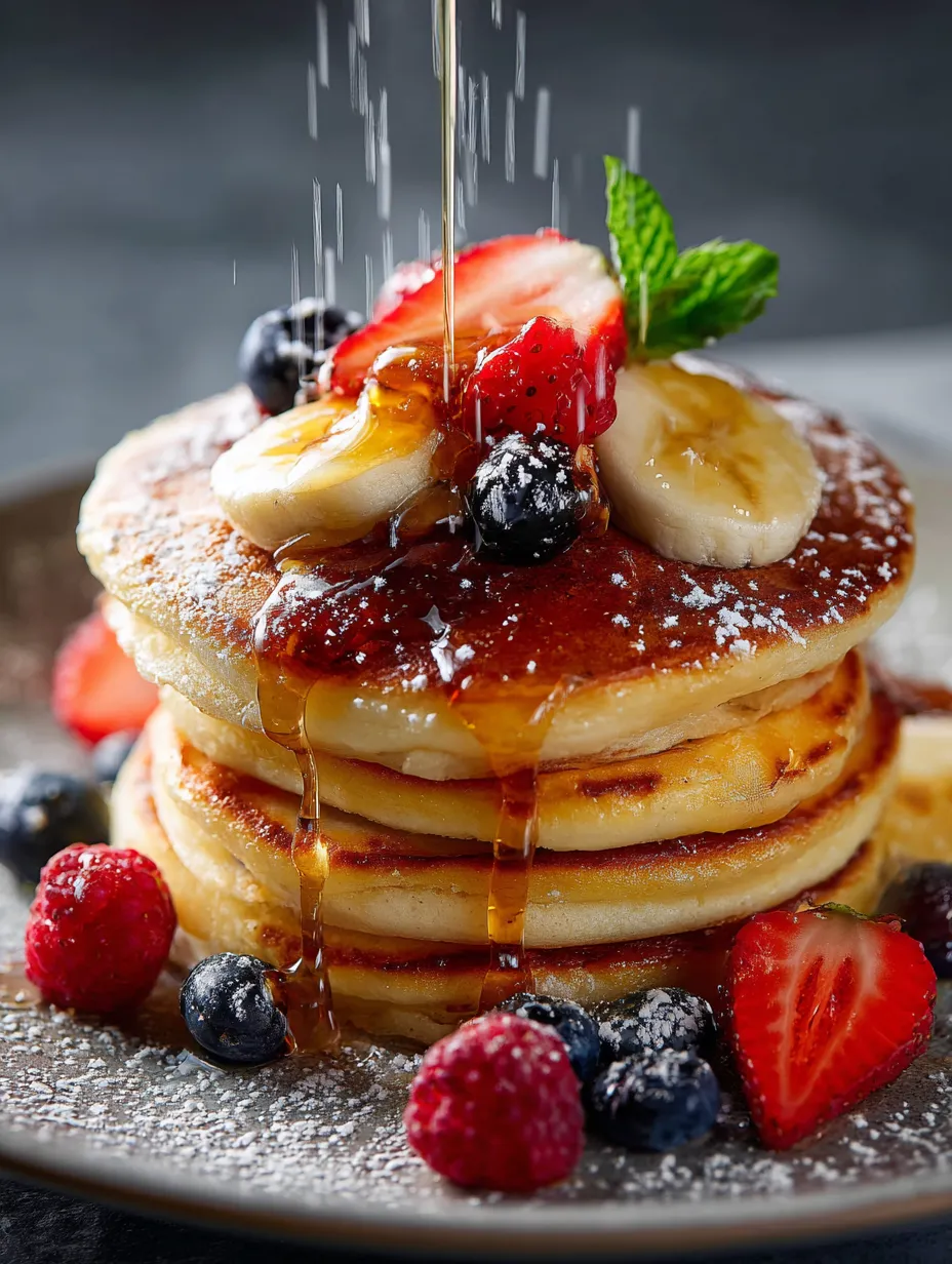 Ein Stapel Pancakes mit Früchten drauf.