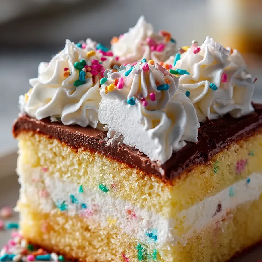 Ein Stück Kuchen mit weißem Frosting und bunten Streuseln.
