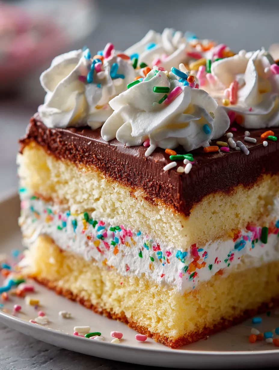 Ein Kuchenstück mit weißem Guss und Streuseln.