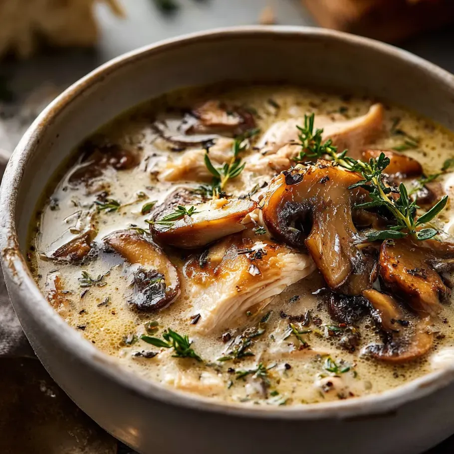 Eine Schüssel Suppe mit Pilzen und Kräutern.