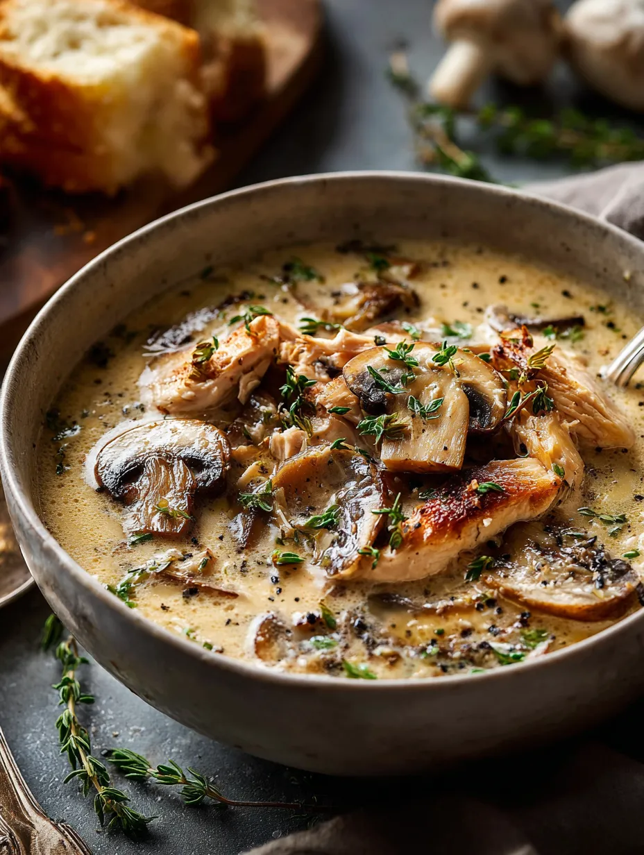 Eine Schale Suppe mit Pilzen und Hähnchen.