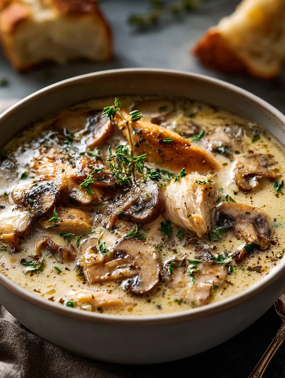 Eine Schale Suppe mit Pilzen und Kräutern.