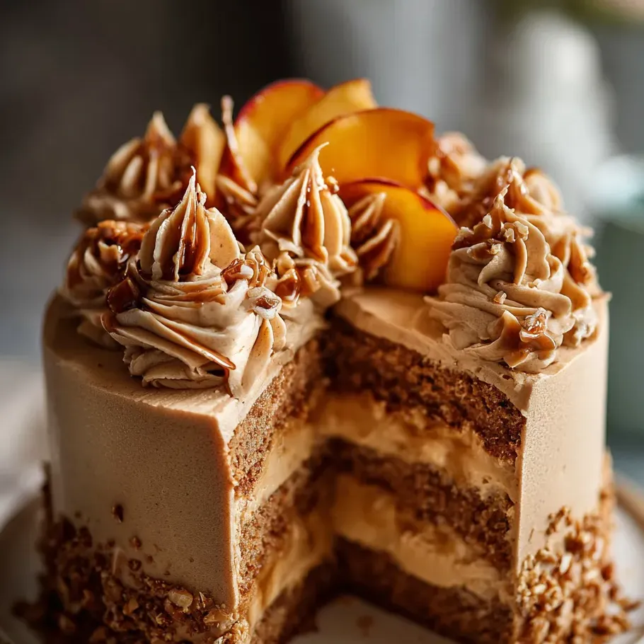 Ein Stück Kuchen mit Pfirsichen on top.