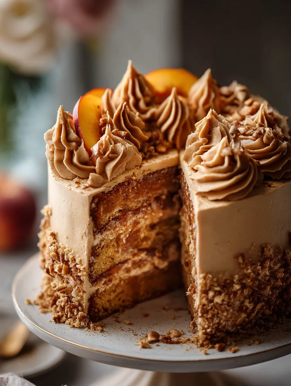 Ein Stück Kuchen mit Pfirsichen und Sahne.