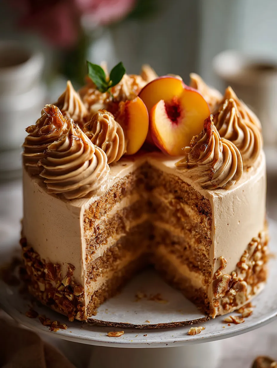 Ein Stück Kuchen mit Pfirsichen obendrauf.